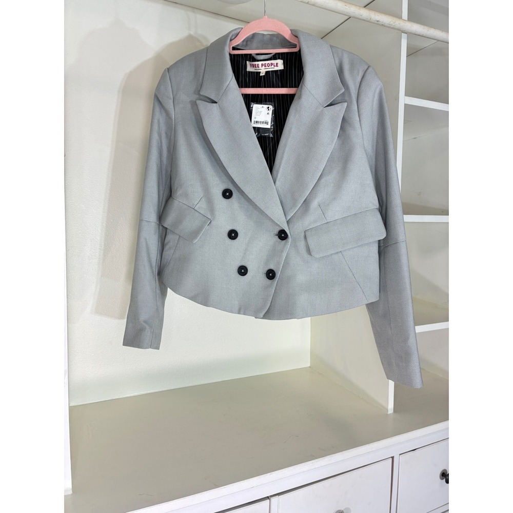 Free People Blazer Womens M Grey Herringbone Cropped Double Breasted Jacket